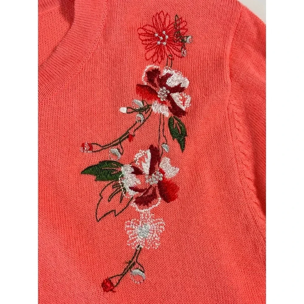 Cardigan Swater Women S Coral Floral Embroidered Cotton‎ Grandma Cottage Fairy